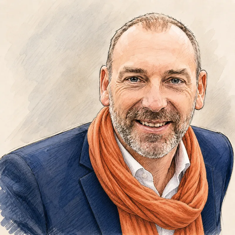 Portrait dessiné d'Olivier Lechelle, fondateur de La Bande d'Octave, en veste bleue et écharpe orange.