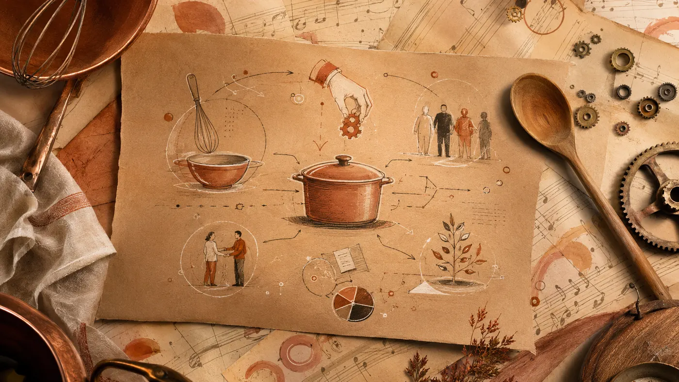 Illustration dessinée : une marmite au centre d'une recette, entourée d'un fouet, de rouages, d'une poignée de main et d'une équipe, sur des partitions de musique.